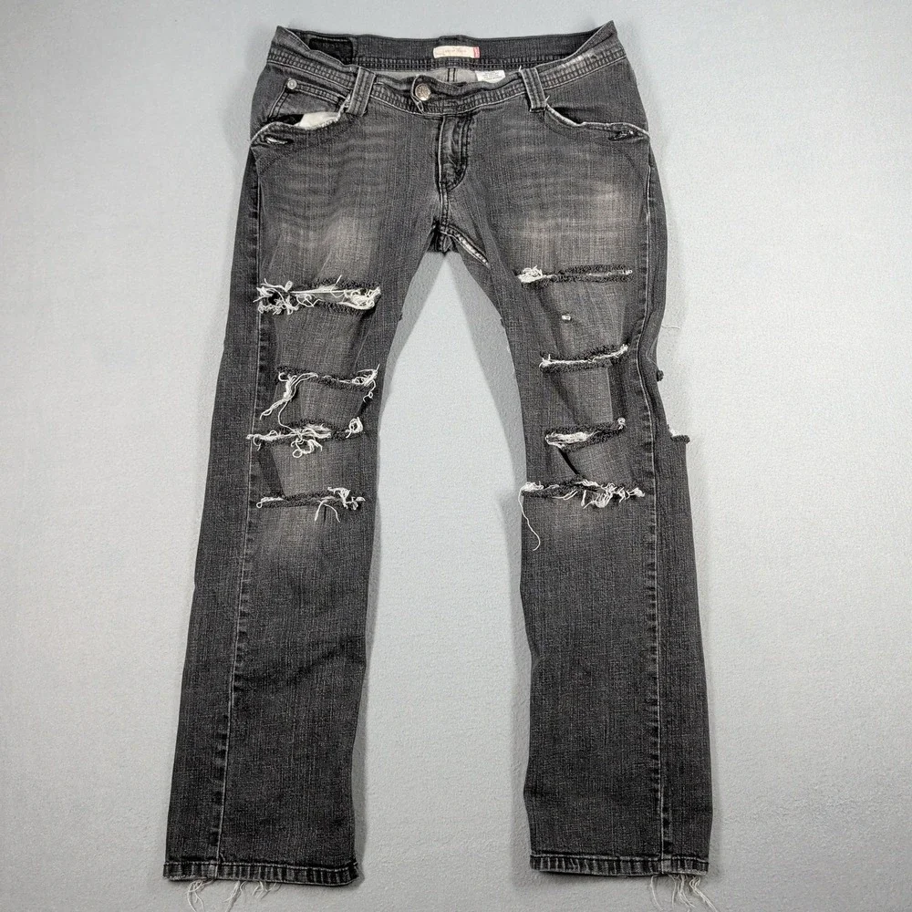 Levis‎ Jeans Womens 13M Black Ripped Denim Low Rise Distressed Straight Leg